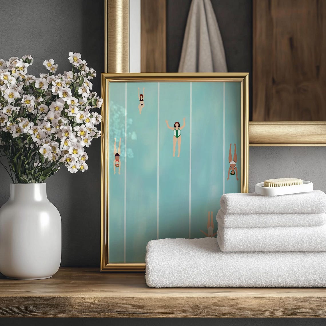 Five Aerial Swimmers in Sky Blue Pool Minimalist Bathroom Decor Poster - Image 2