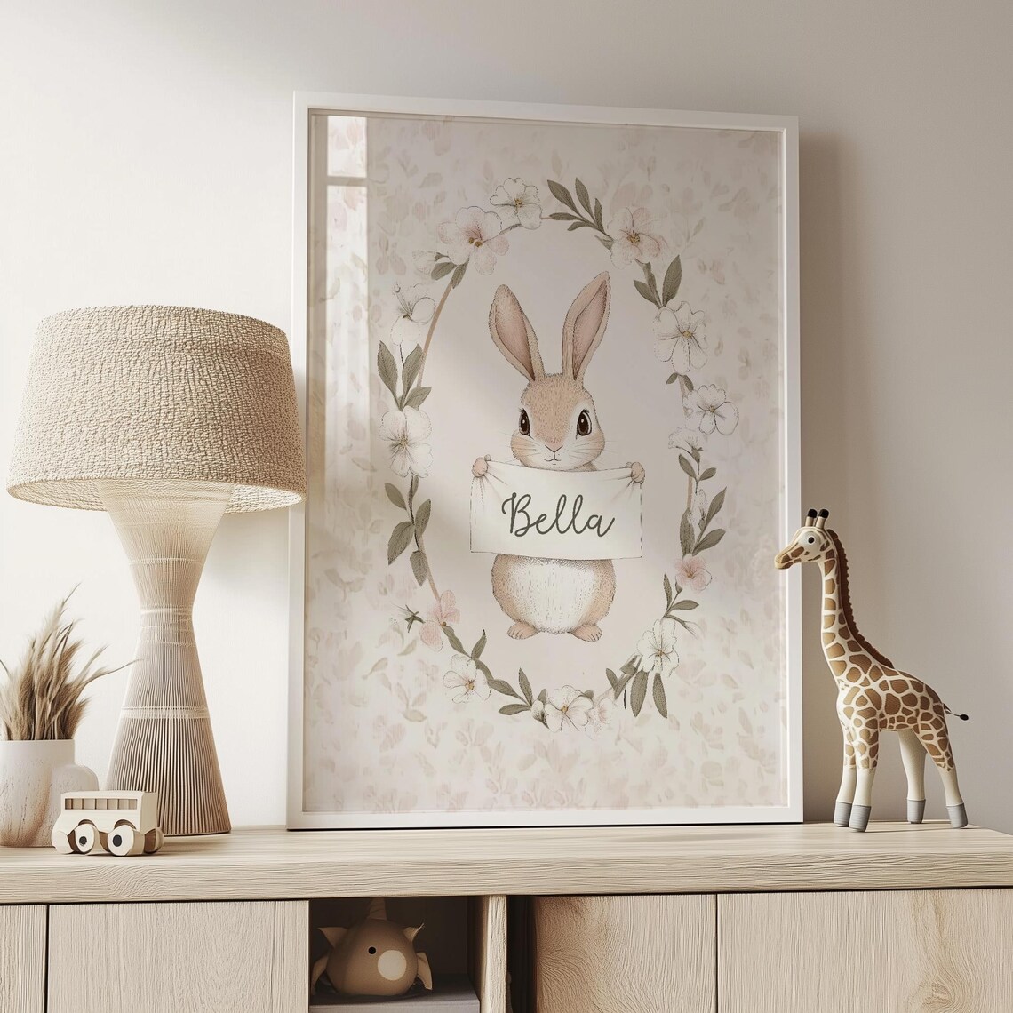 Personalized Bunny Holding Name Banner Floral Wreath Nursery Decor Poster - Image 3