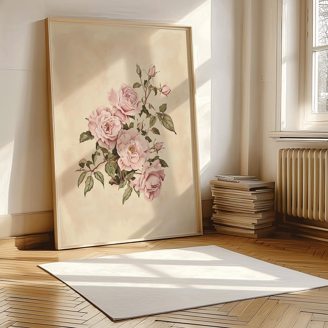 Antique Pink Rose Branch Botanical Study Cream Vintage Floral Print - Image 3