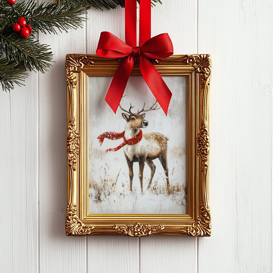 Woodland Deer Red Scarf Snowy Field Winter Whitetail Stag Art Poster - Image 4