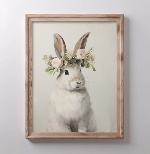 White Rabbit Art Print Nursery Decor Boho Flowers Bunny Wall Easter Spring Farmhouse Home