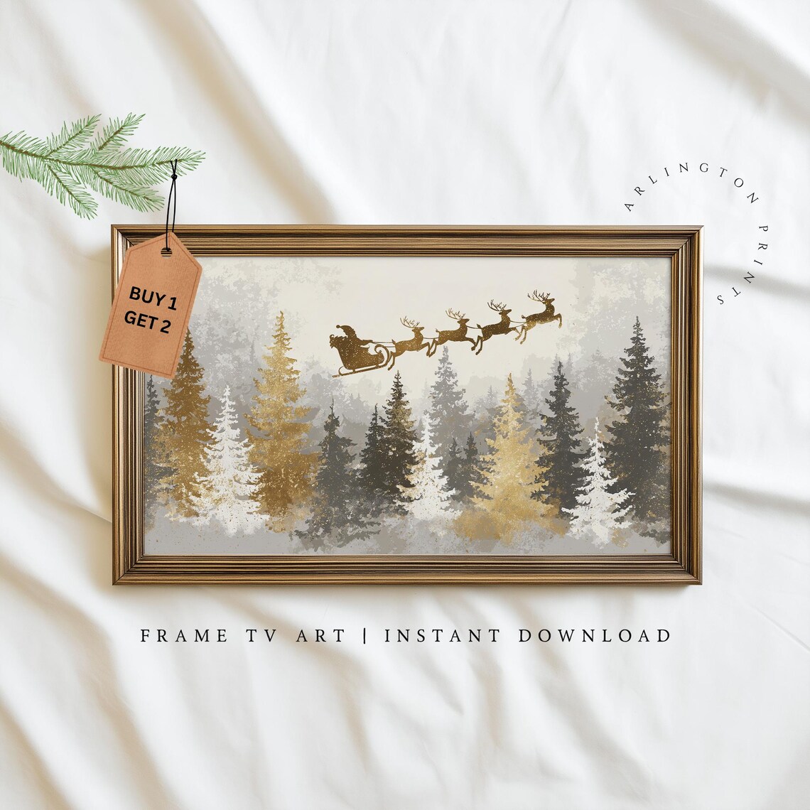 Gold Santa Sleigh Silhouette Over Snowy Forest Christmas Art Poster