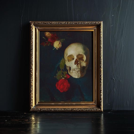 Skull And Roses, Dark Academia Vanitas Still Life