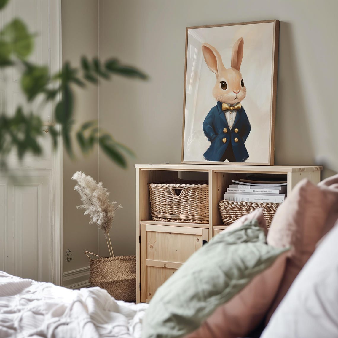 Gentleman Bunny in Blue Jacket Gold Bow Tie Portrait Nursery Poster - Image 3