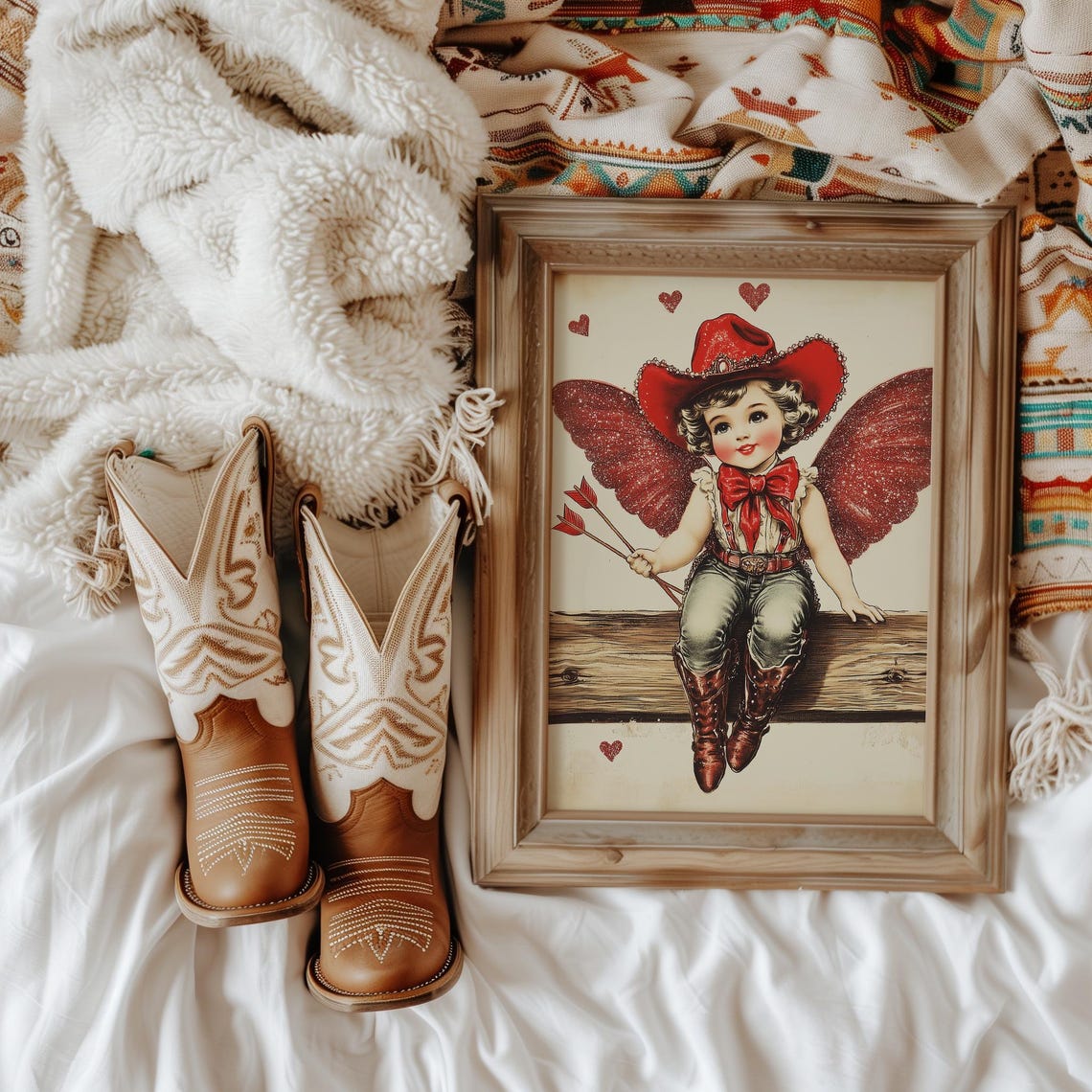 Vintage Cowboy Cupid Girl in Red Hat and Wings Valentine Poster - Image 3