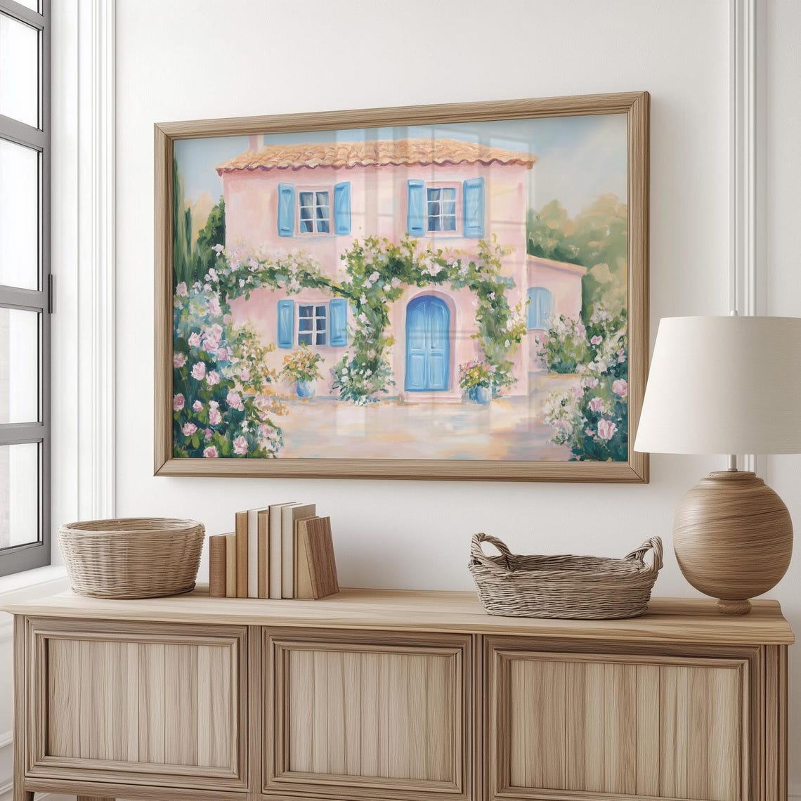 Pastel French Villa with Blue Shutters and Climbing Roses Poster
