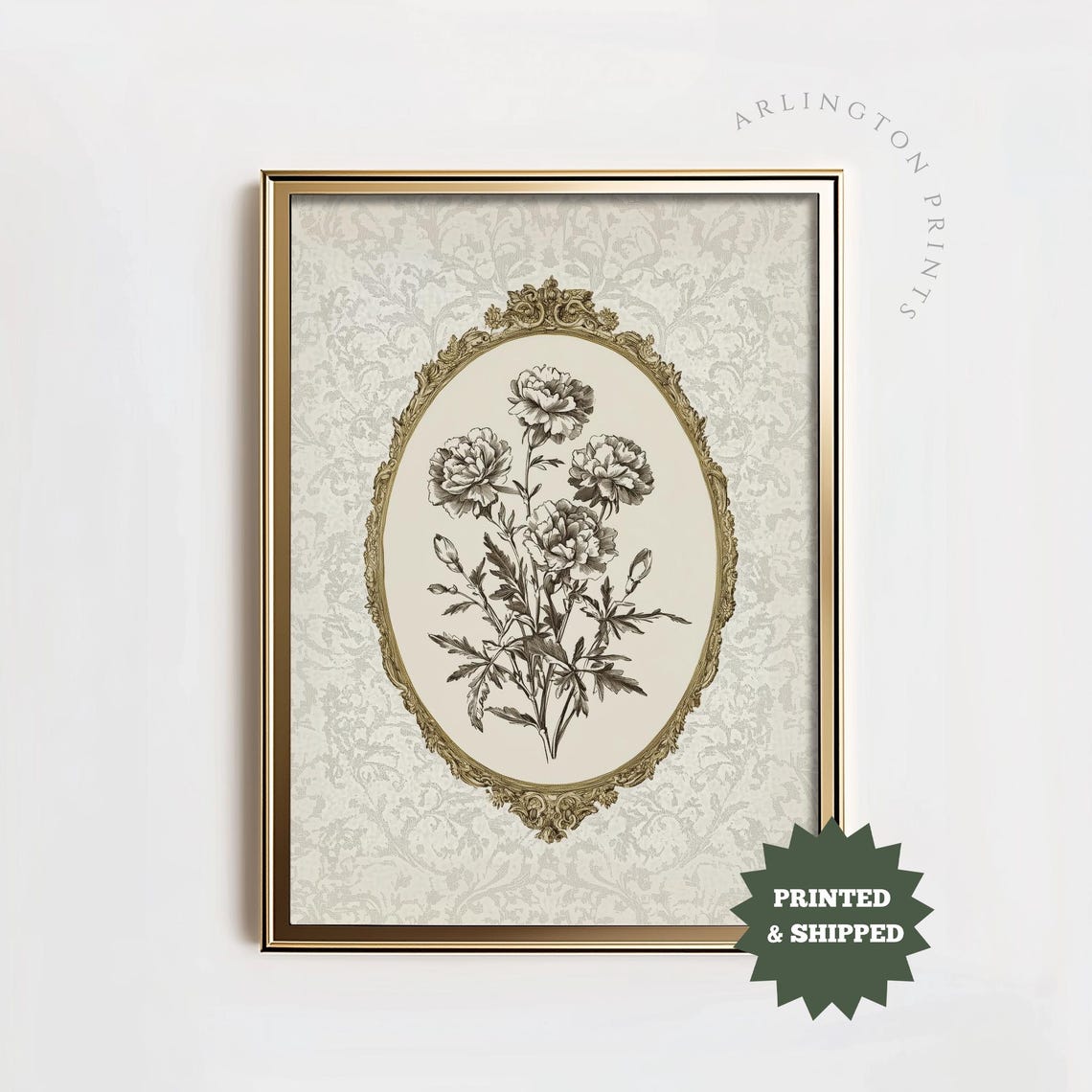 Vintage Floral Engraving Gold Oval Frame Neutral Botanical Poster