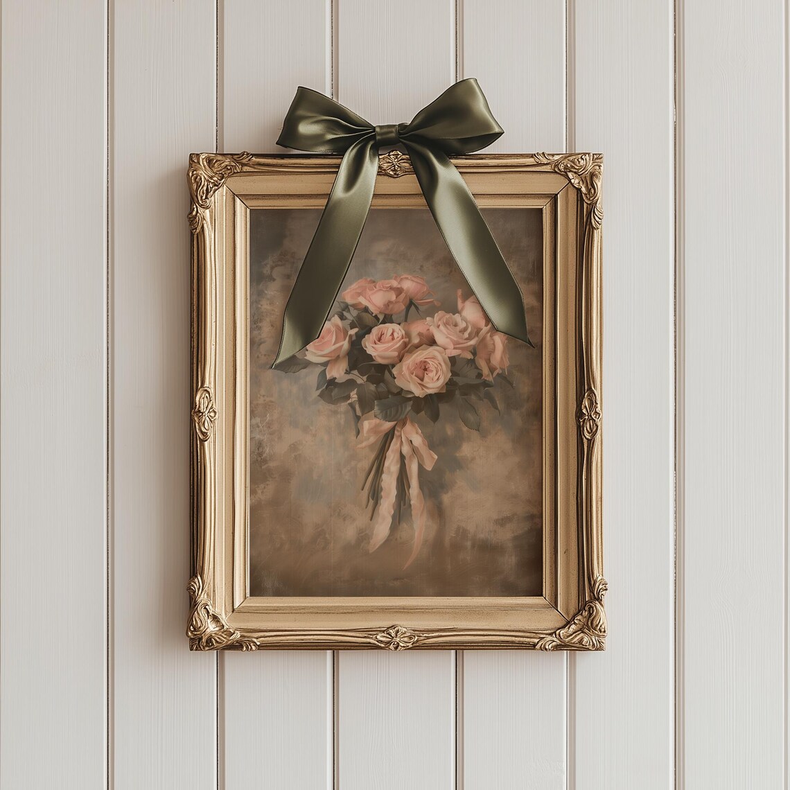 Peach Roses Bouquet Tied with Ribbon Moody Painterly Floral Print - Image 3