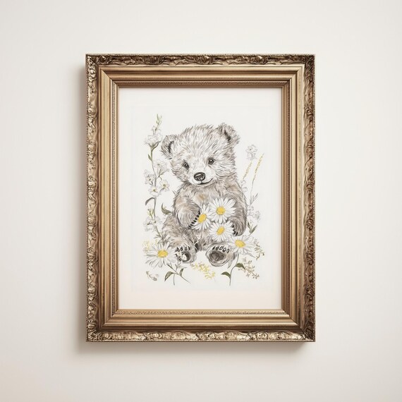 Baby White Bear Cub Daisy Meadow Delicate Sketch Animal Print