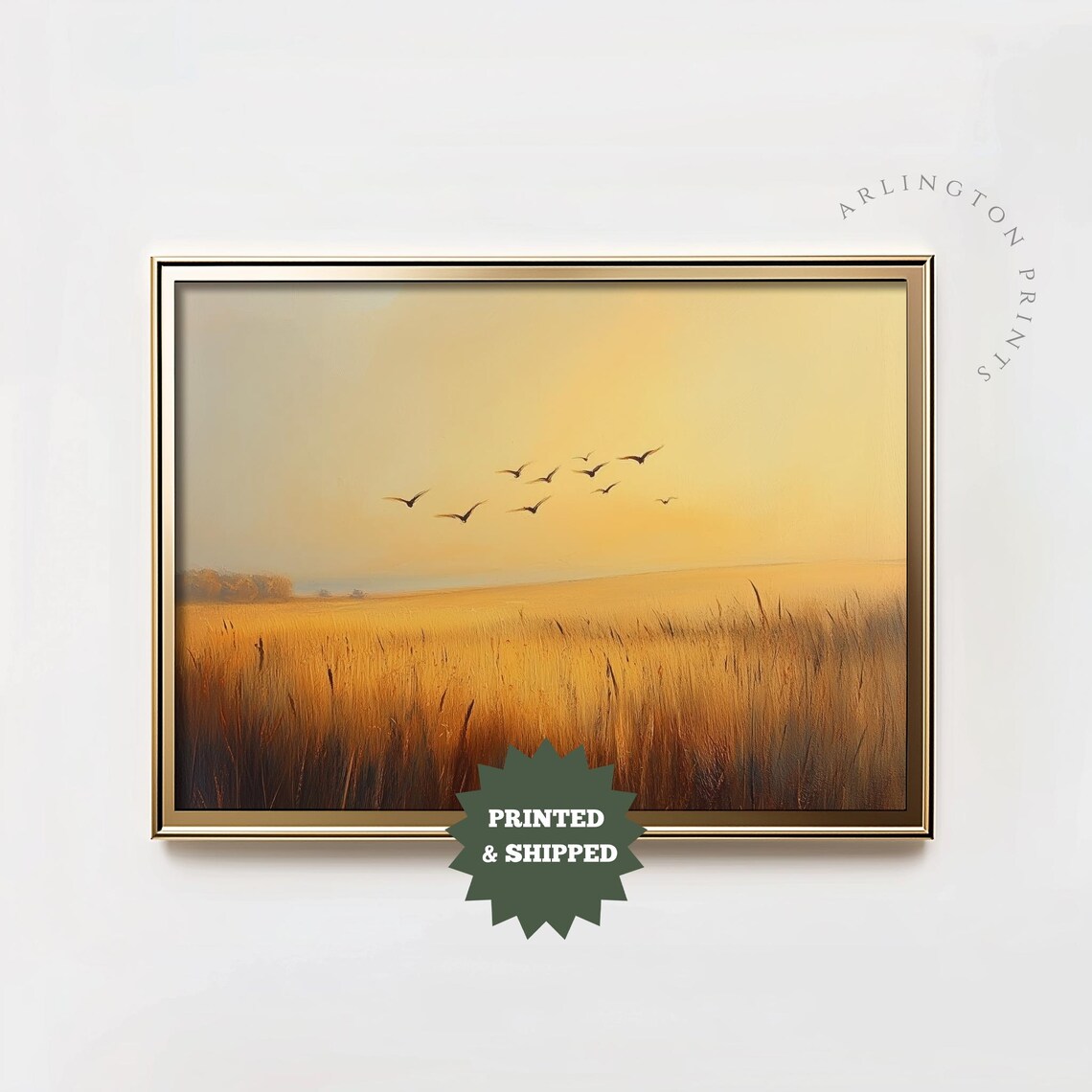 Golden Wheat Field Sunset With Birds Country Landscape Poster