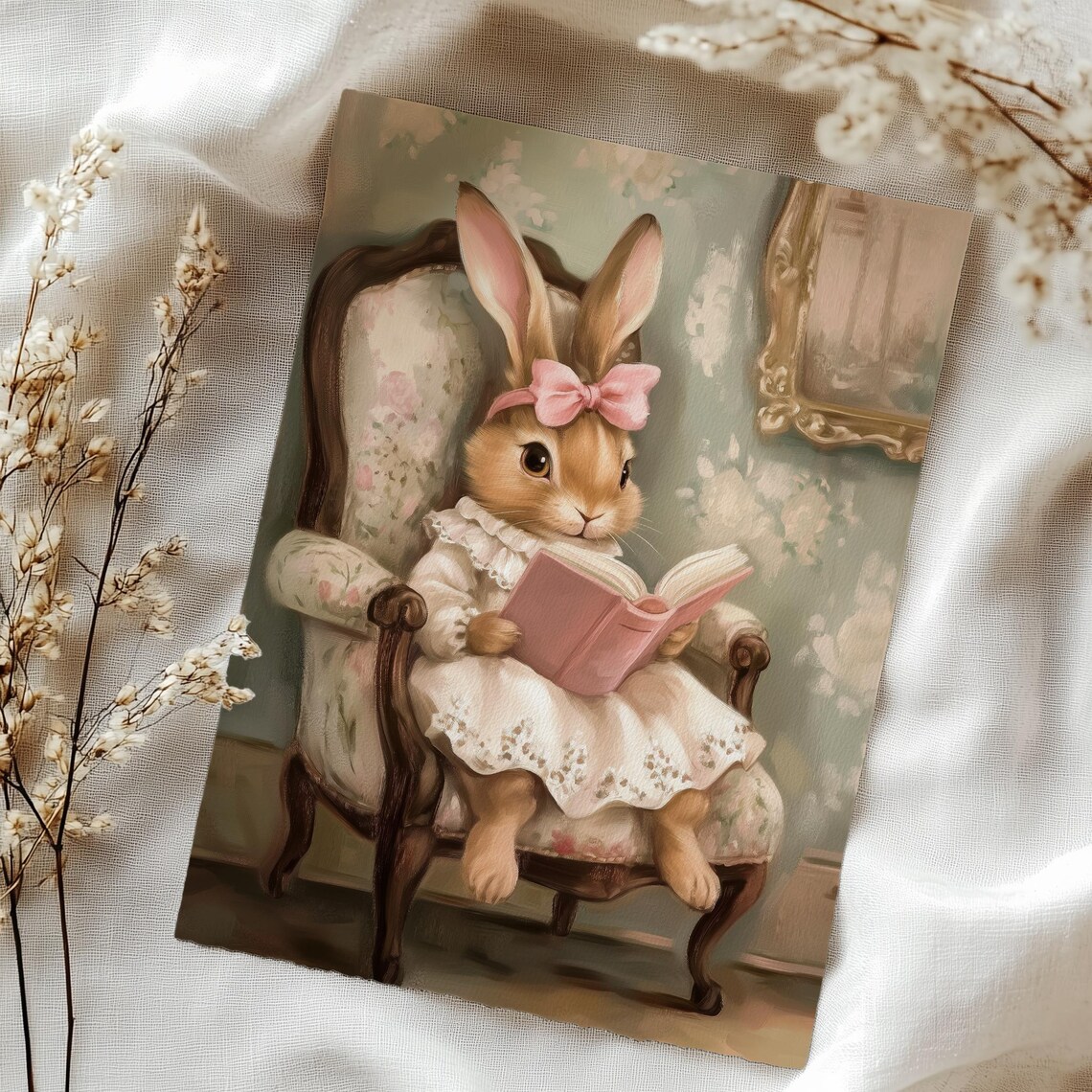 Bunny Reading Book Vintage Nursery Cozy Pink Girl Room Art Poster - Image 3