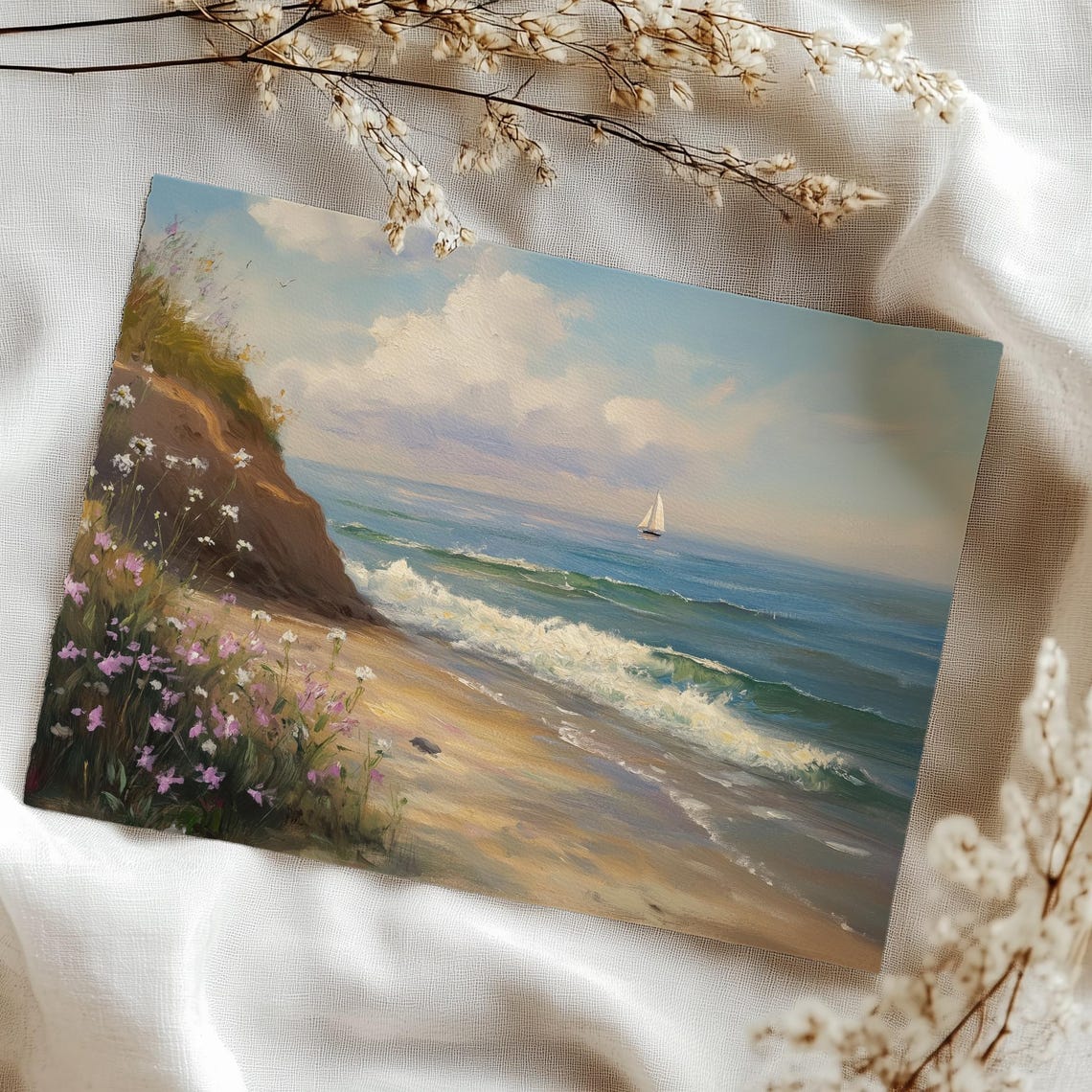 Seascape Sailboat Beach Cliff Wildflowers Serene Coastal Art Poster - Image 4