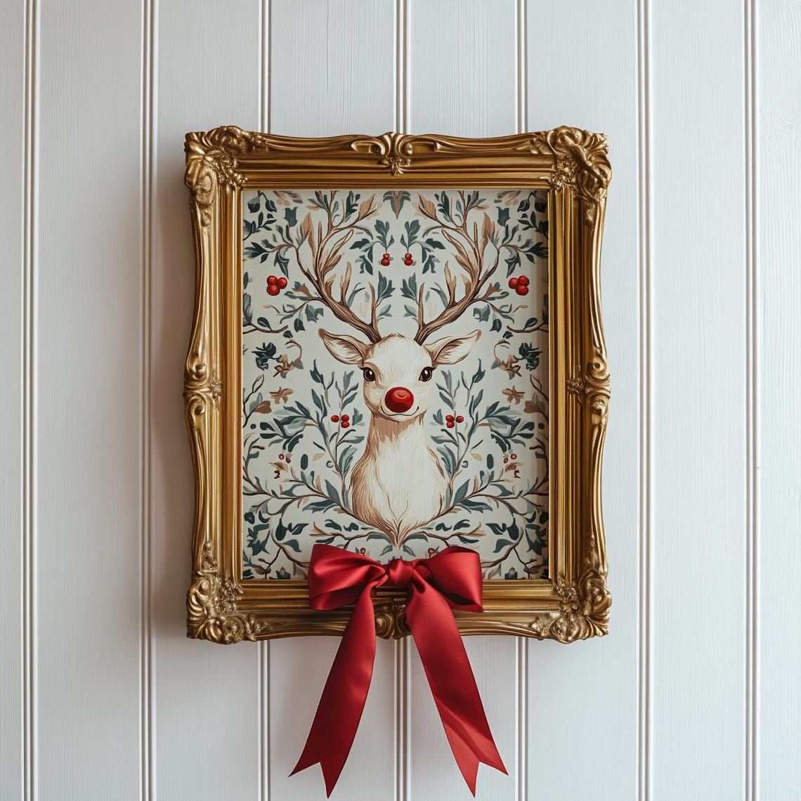 Cute Rudolph Red Nose Reindeer Floral Christmas Nursery Wall Print - Image 2
