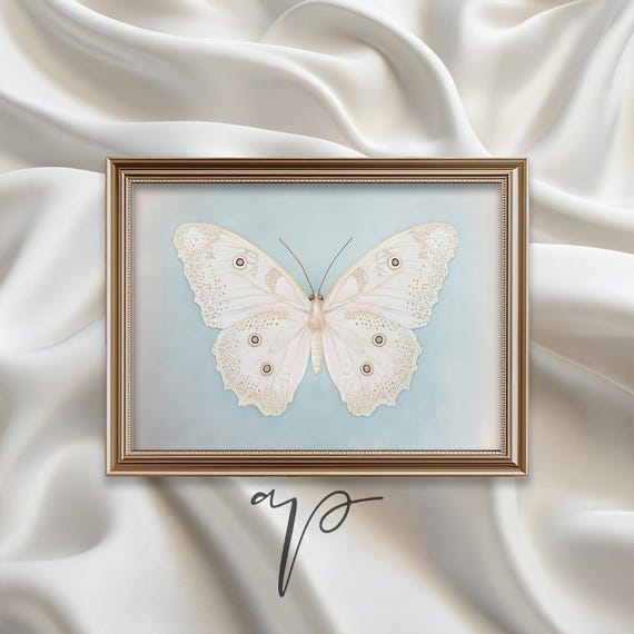 White Butterfly Wall Art Print Vintage Insect Moth Print Baby Blue Country Farmhouse Home Decor Cottagecore Ta37