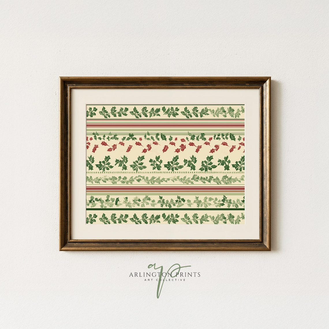 Festive Holly Leaves Striped Christmas Pattern Retro Holiday Poster