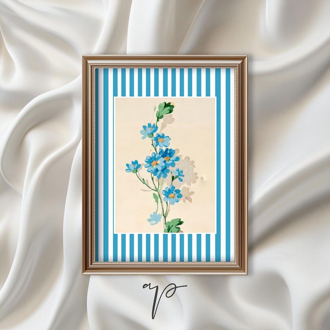Blue Wildflower Meadow Striped Border Botanical Vintage Art Poster