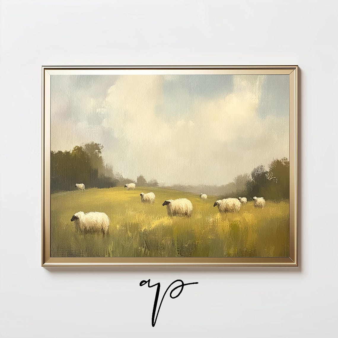 Sheep Grazing Golden Meadow Pastoral Landscape Oil Art Print - Image 5