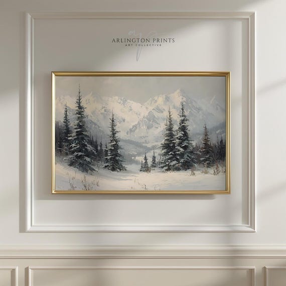Snowy Mountain Landscape Wall Art Winter Nature Painting Rustic Neutral Decor 8515