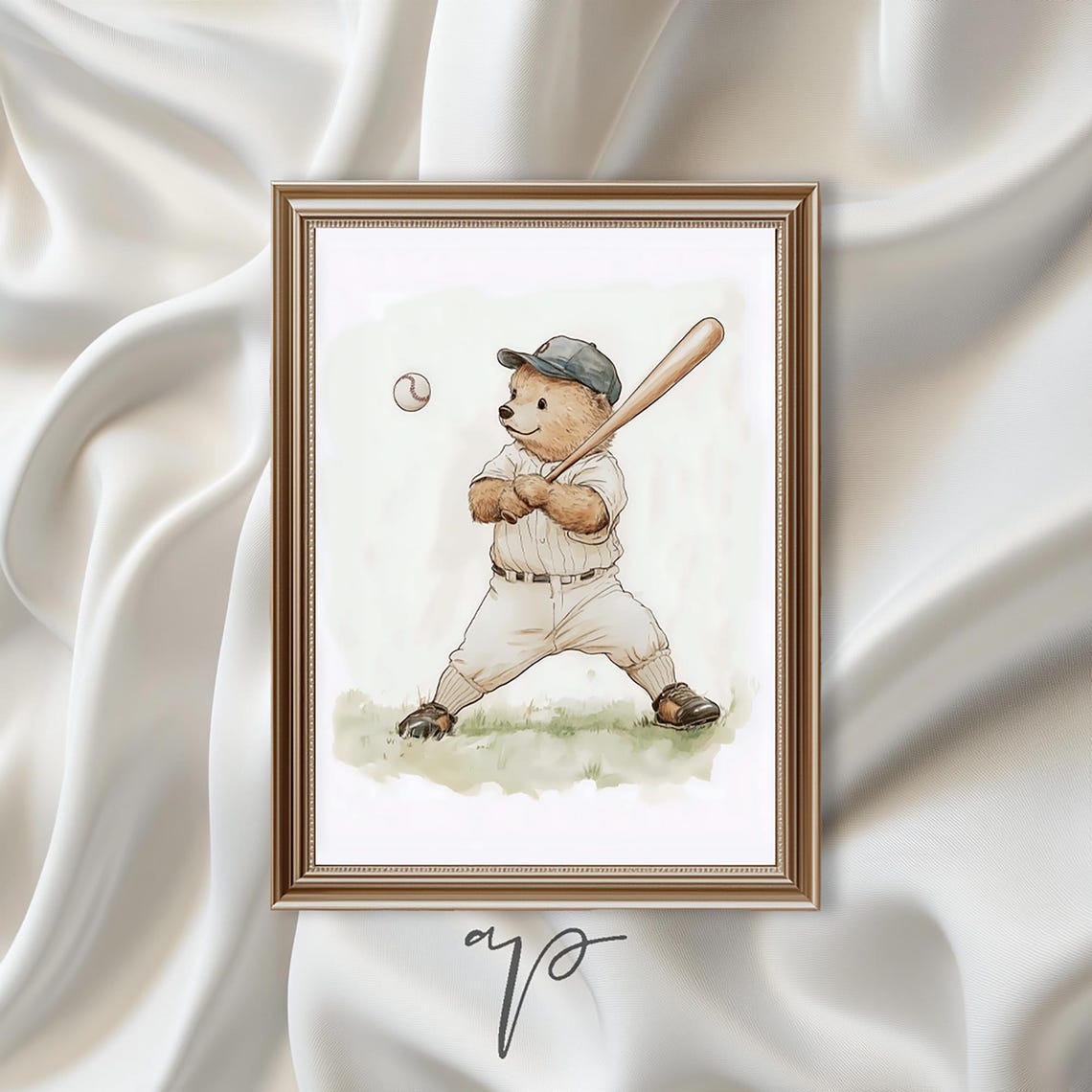 Teddy Bear Baseball Player Vintage Baby Nursery Sports Poster