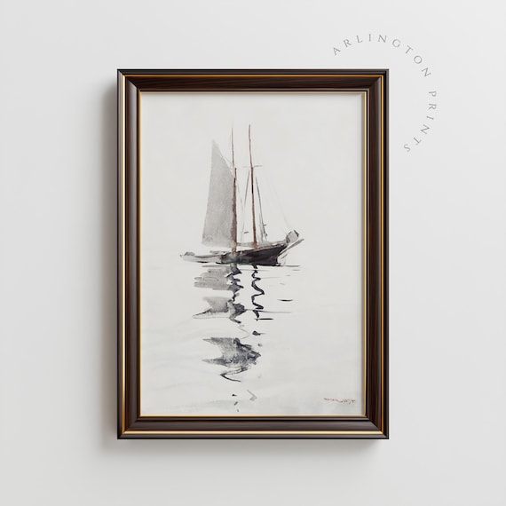 Minimalist Sailboat Watercolor Reflection Calm Ocean Art Poster
