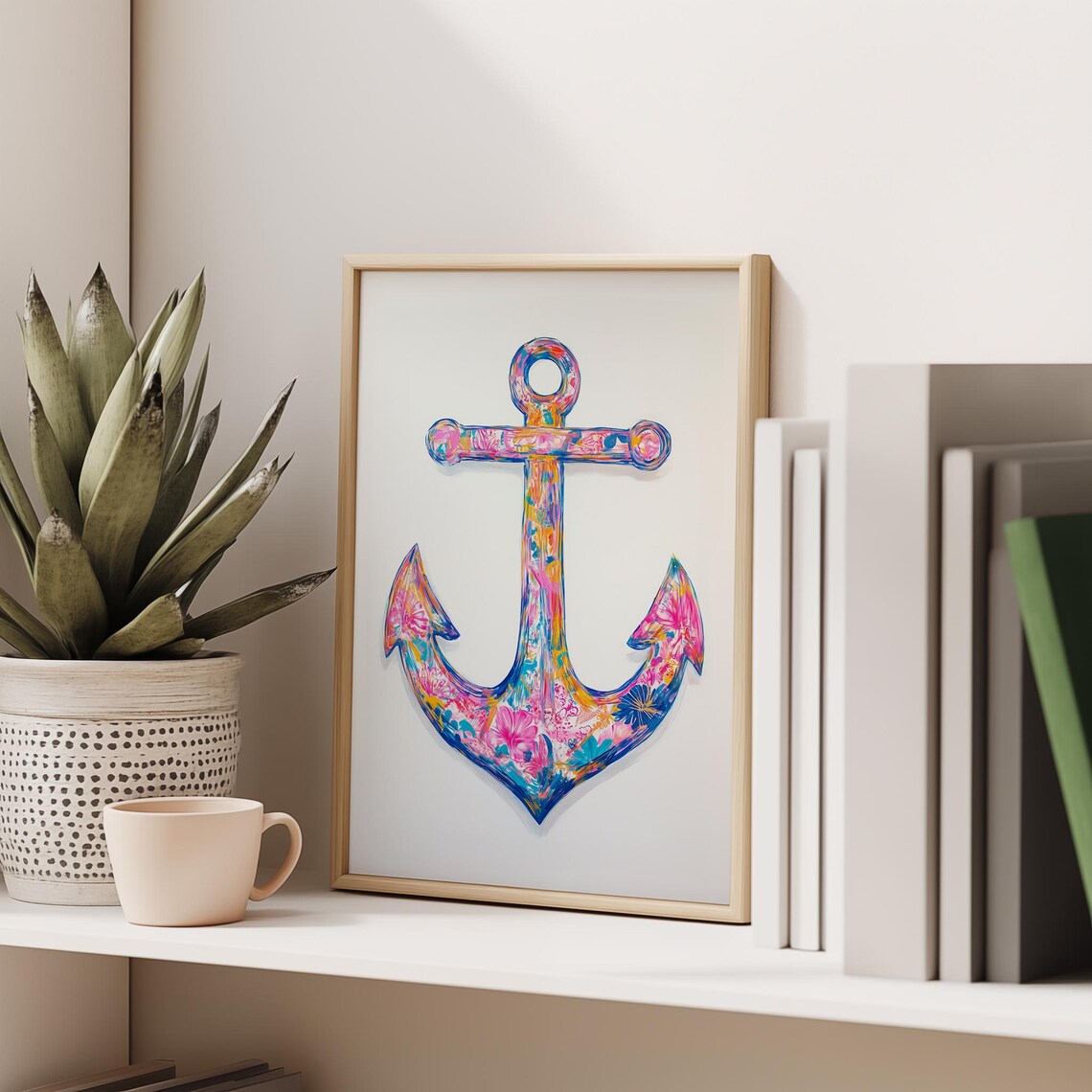 Floral Anchor Watercolor Preppy Coastal Nautical Pink Blue Poster - Image 2