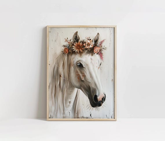 White Horse Floral Print, Country Nursery Painting