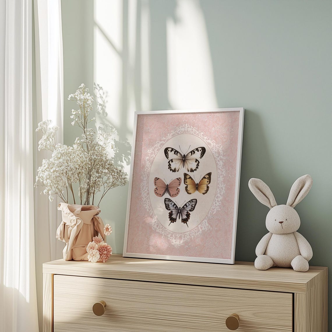 Pink Butterfly Art Print Girl Nursery Decor Butterflies Wall Art Antique Girls Room Decor Vintage Bathroom Wall Art T5914 - Image 3