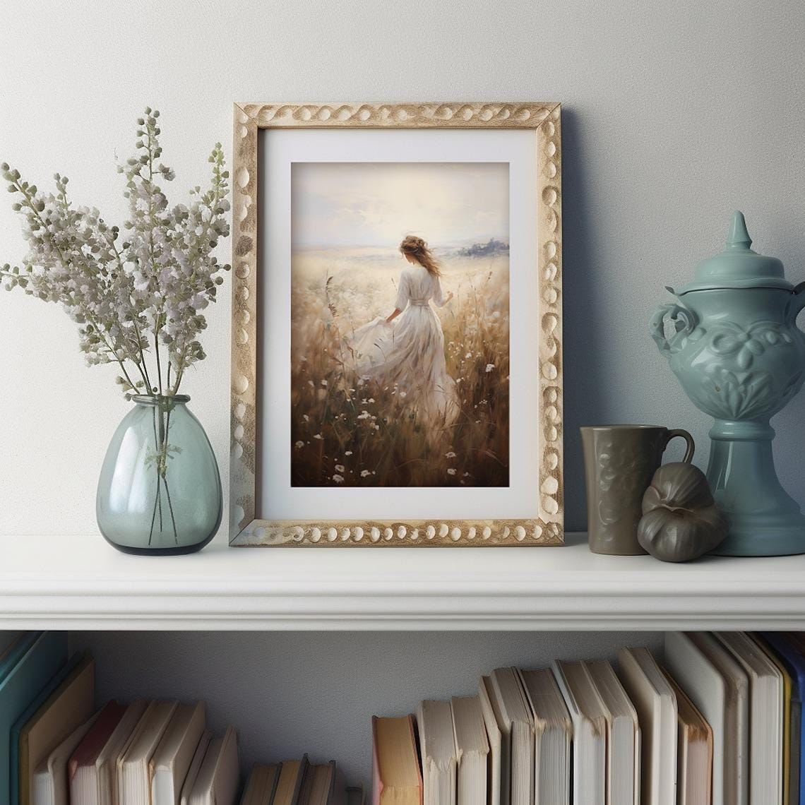 Woman in White Dress Golden Wheat Field Romantic Vintage Print - Image 2