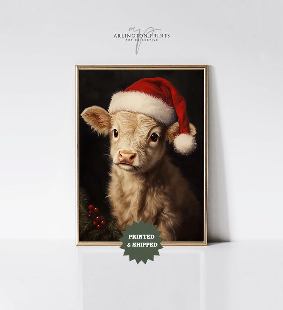 Highland Cow Calf Santa Hat Christmas Portrait Cute Farm Poster