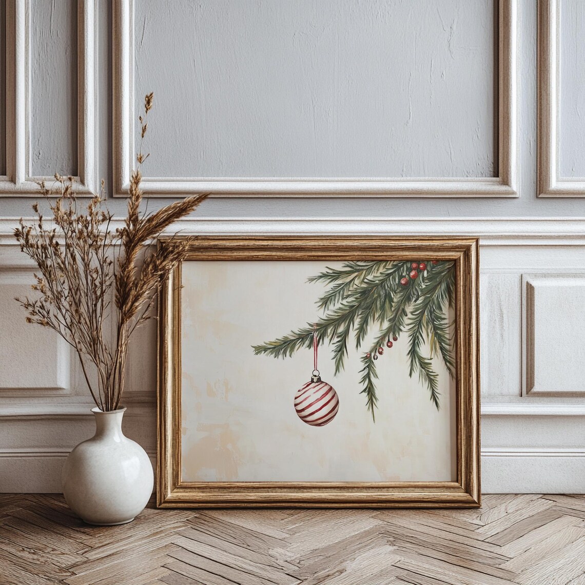 Minimalist Striped Christmas Ornament Evergreen Branch Poster - Image 2