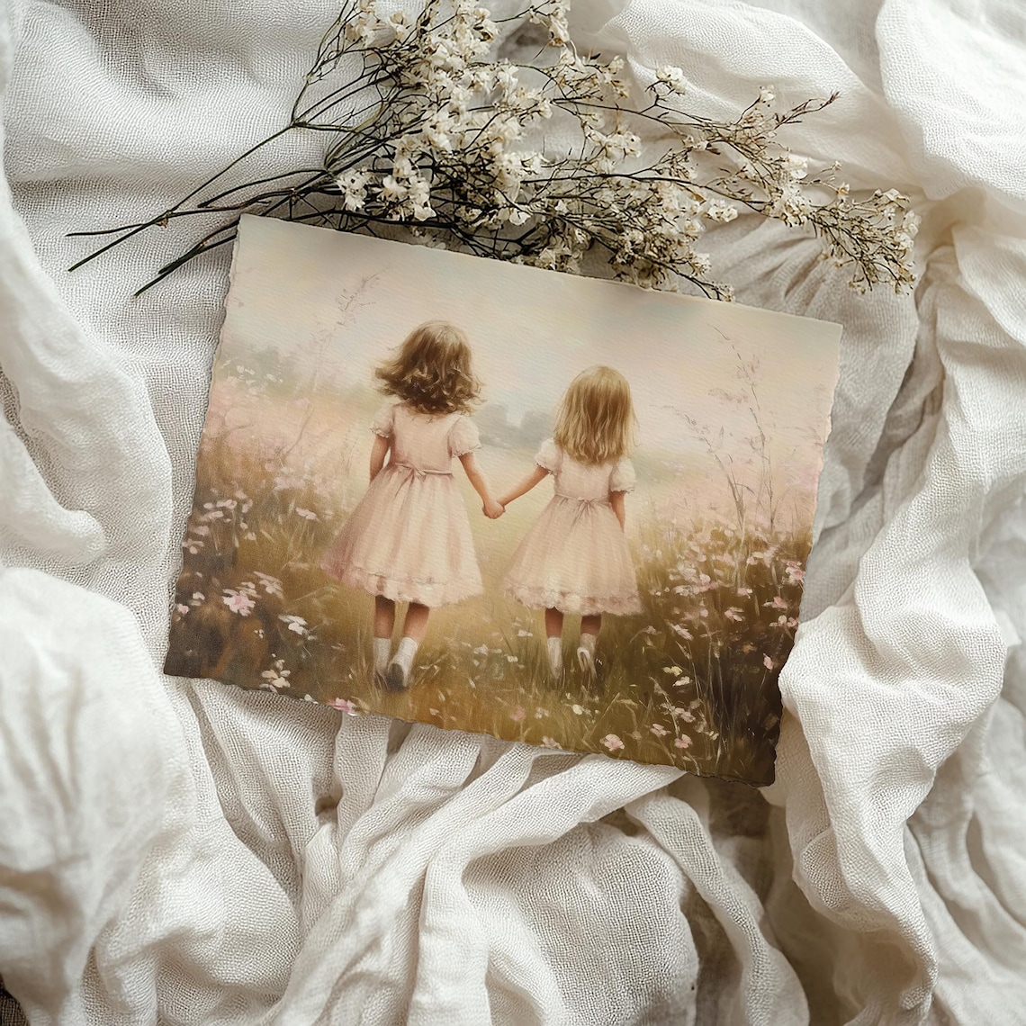 Cute Girls in Wildflower Field, Farmhouse Art Print - Image 4