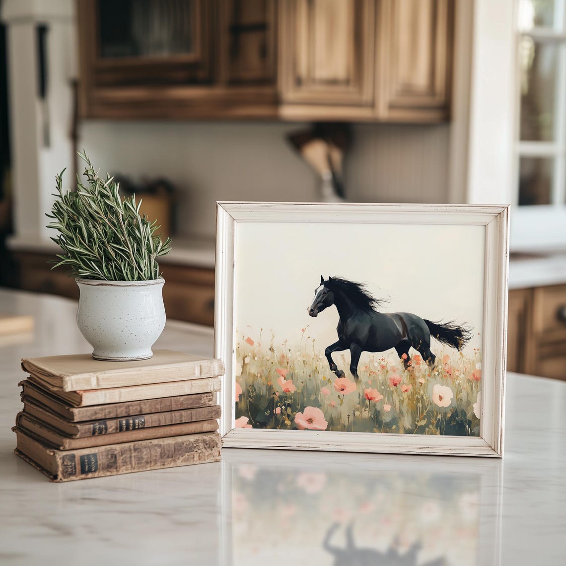 Wild Horse Print Black Horse Nature Art Floral Wildlife Painting Western Art Print Wildflower Meadow Animal Decor - Image 2