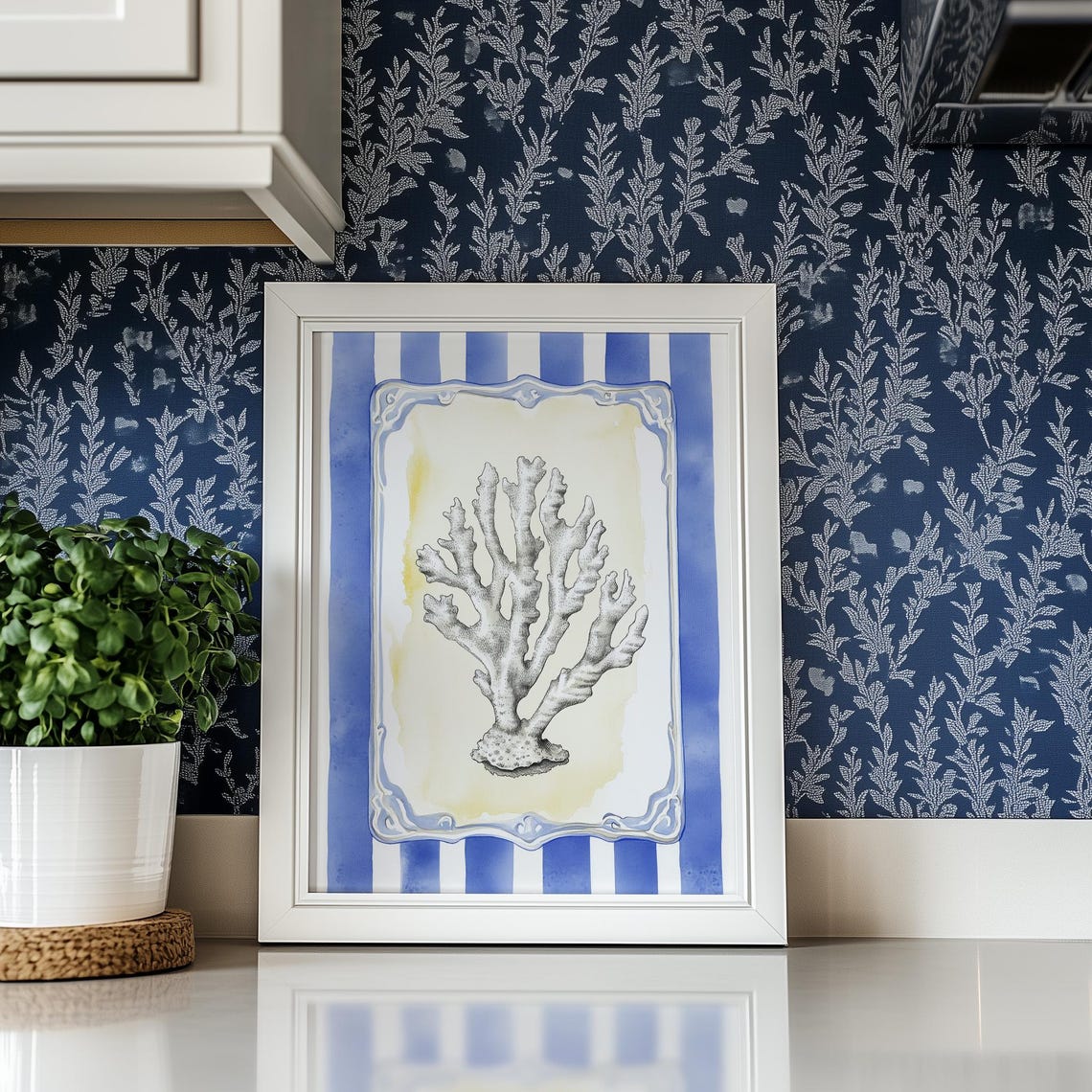 White Coral Watercolor Coastal Beach Nautical Navy Stripes Poster - Image 2