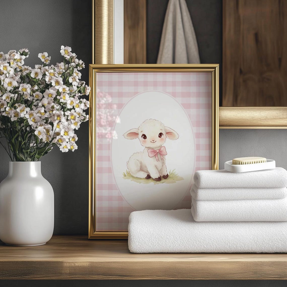 Sweet Lamb with Pink Bow on Gingham Cute Nursery Animal Art Poster - Image 4