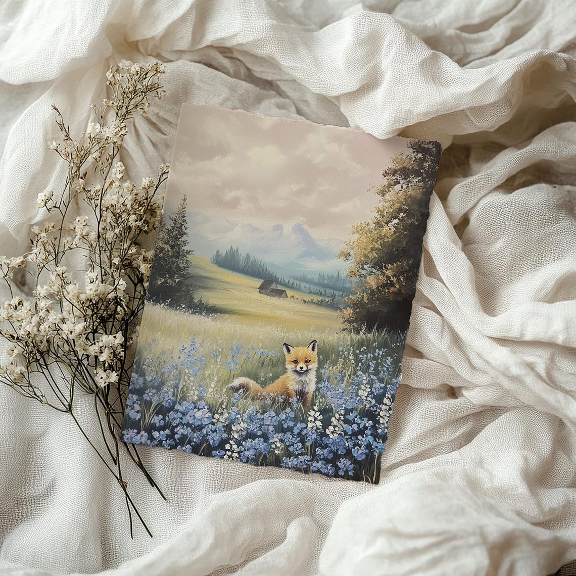 Cute Baby Fox In Blue Wildflowers Mountain Meadow Cabin Poster - Image 3