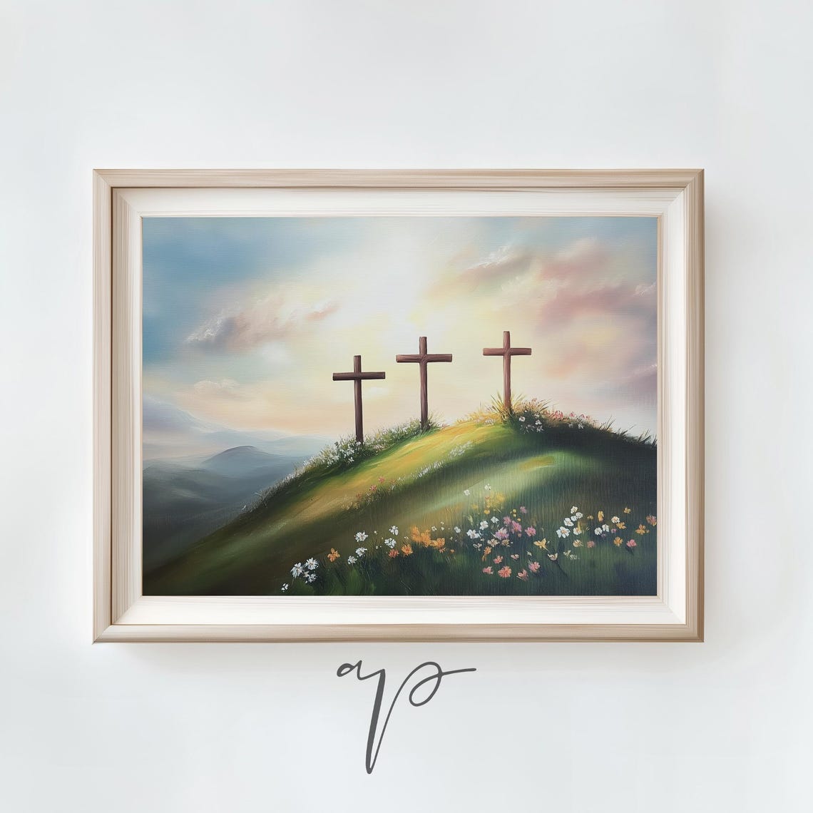 Three Crosses On Sunrise Hill Christian Easter Landscape Poster