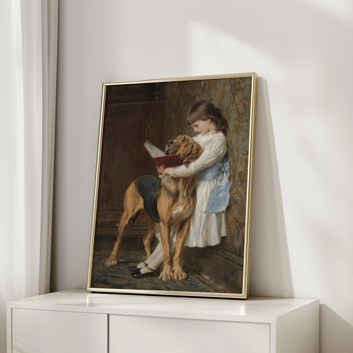 Girl Reading with Hound Classical Oil Painting Vintage Dog Poster - Image 4