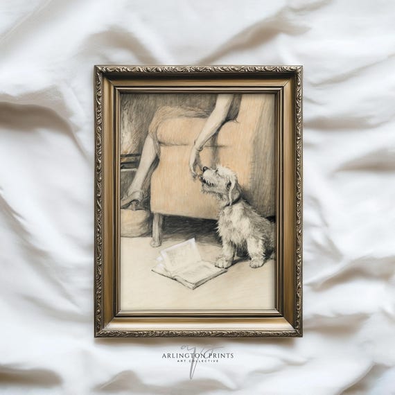 Rustic Dog By Chair Vintage Animal Illustration Wall Art Cozy Farmhouse Decor W71