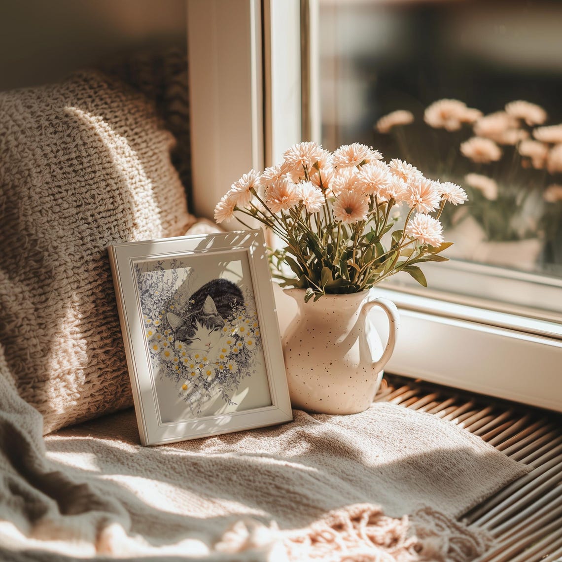 Cute Cat Sleeping In Daisies Print Asian Kitty Art Botanical Spring Decor Country Cottage Spring Flower Decor Daisy Cat Print - Image 2
