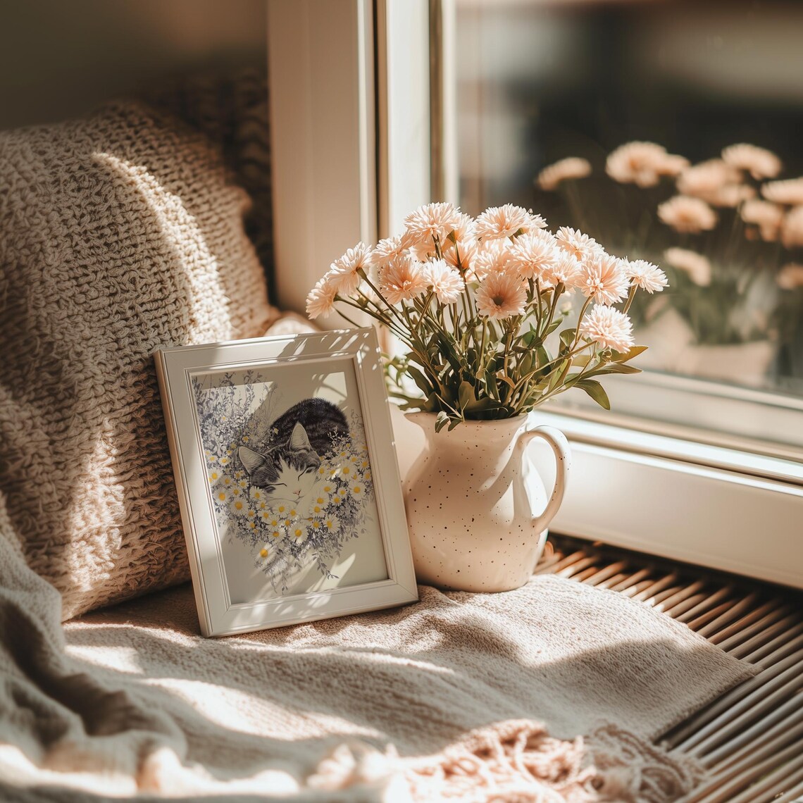 Sleeping Tabby Cat Daisy Garden Vintage Botanical Animal Print - Image 2