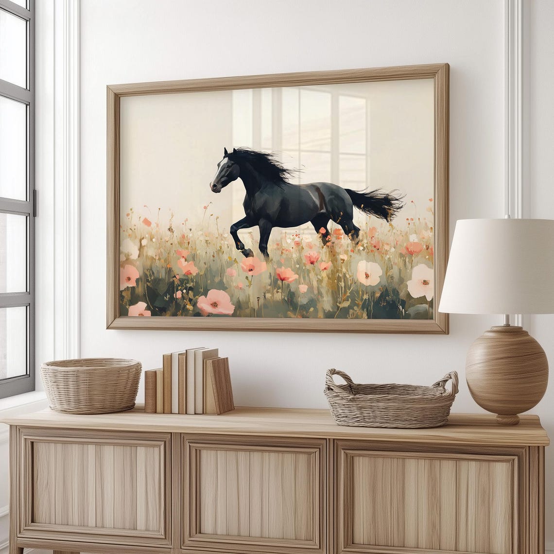 Black Horse Galloping Through Pink Wildflowers Watercolor Poster - Image 4