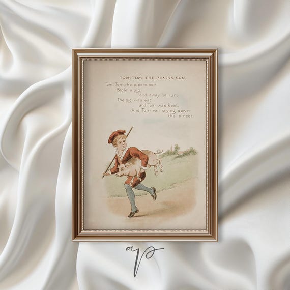Vintage Nursery Rhyme Wall Art Cute Pig Nursery Art Print Tom Tom The Pipers Son Neutral Childrens Room Decor Ta104