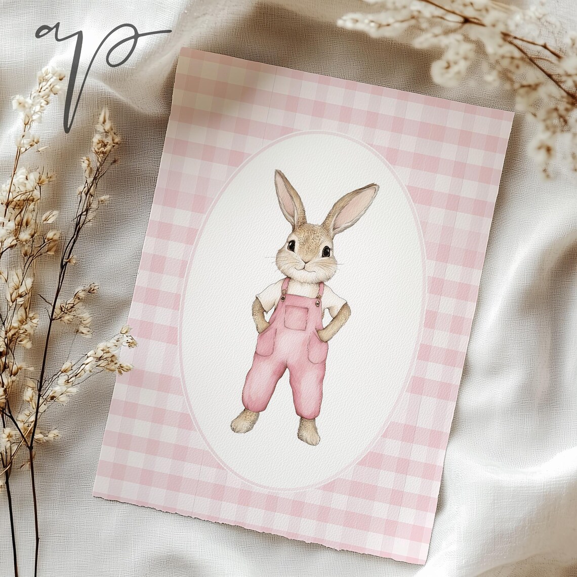 Bunny in Pink Overalls on Gingham Sweet Nursery Rabbit Illustration Print - Image 2