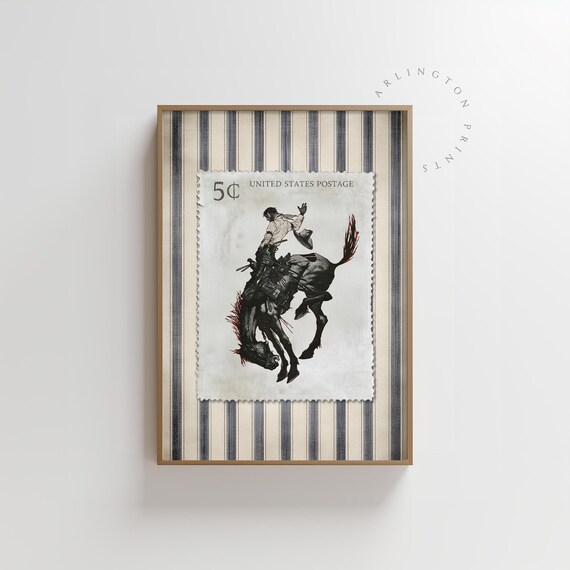 Vintage Rodeo Cowboy Postage Stamp Style Western Bucking Horse Print