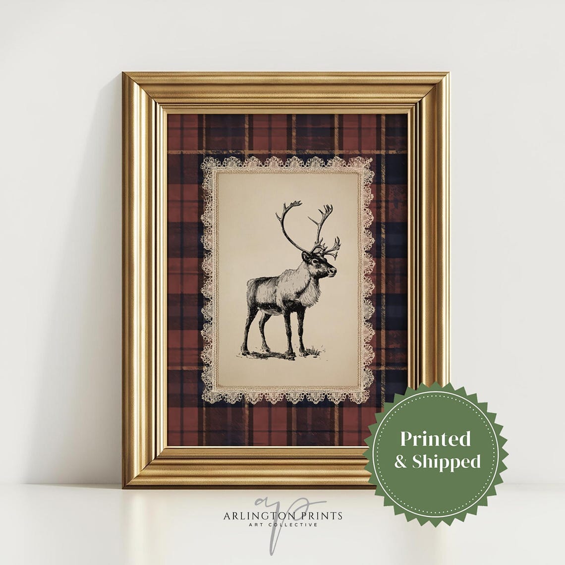 Vintage Reindeer Engraving Lace Doily Plaid Christmas Art Poster