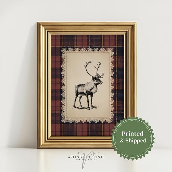 Vintage Reindeer Engraving Lace Doily Plaid Christmas Art Poster