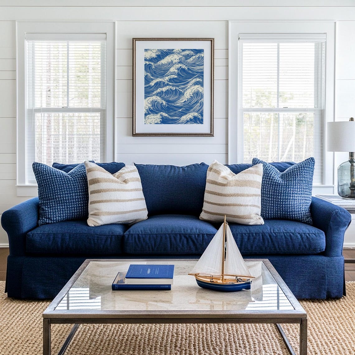 Modern Abstract Ocean Waves Print Nautical Home Decor Blue Beach Wall Art Japanese Inspired Blue White Sea Pattern Poster - Image 2