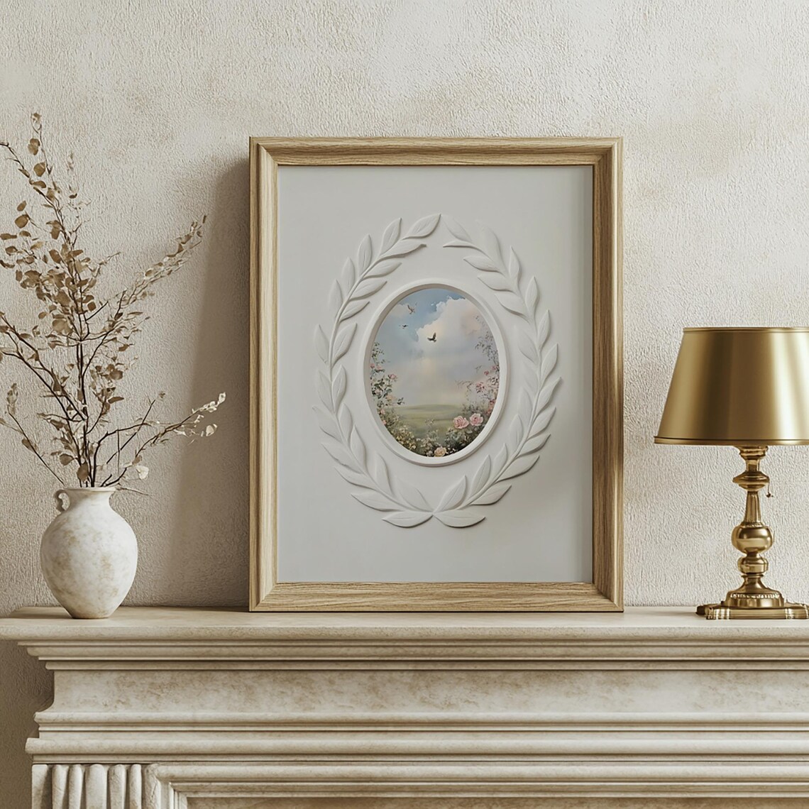 Oval Pastoral Landscape Cameo with Laurel Wreath Floral Relief Poster - Image 2