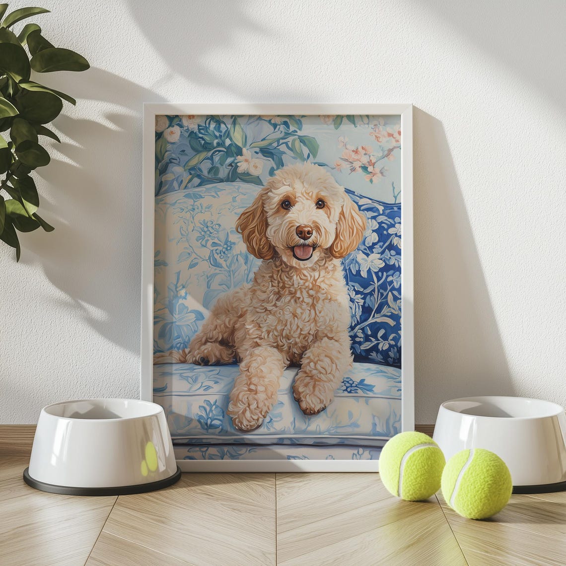 Golden Doodle Puppy On Blue Chinoiserie Floral Couch Dog Poster - Image 6