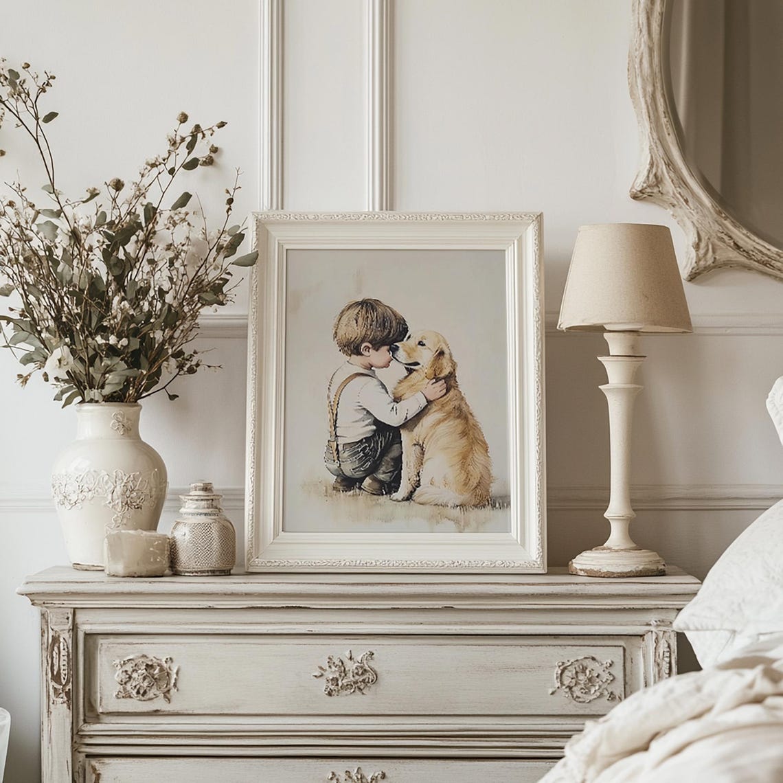 Little Boy and Golden Retriever Sharing Sweet Moment Nursery Poster - Image 2